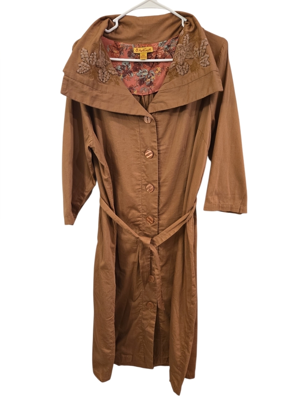 APRIL CORNELL BUTTON FRONT EMBROIDERED FLORAL COLLAR MAXI DRESS. SIZE XXL. BROWN